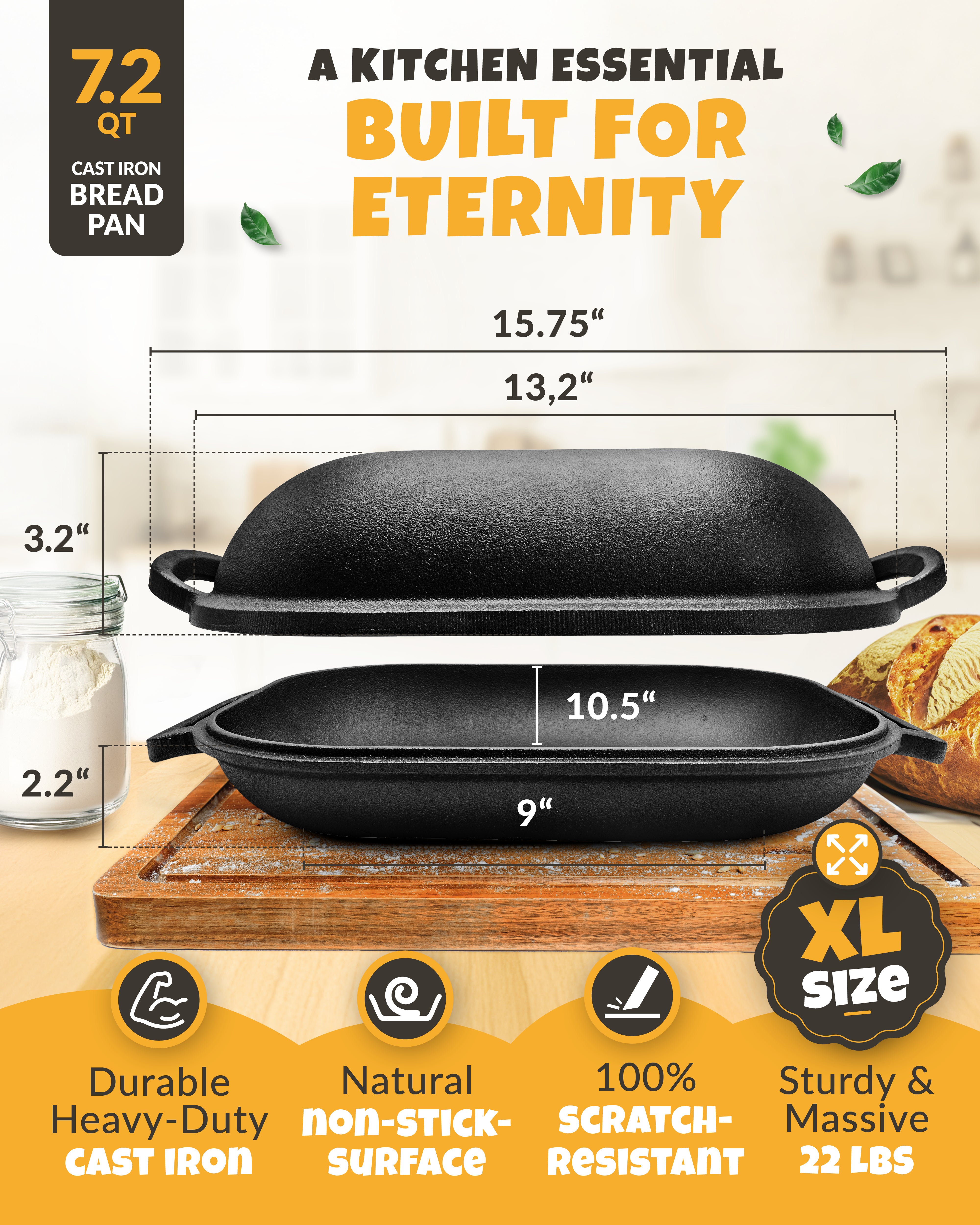 7.2QT Cast Iron Bread Pan Baking Set – Matte Black Finish