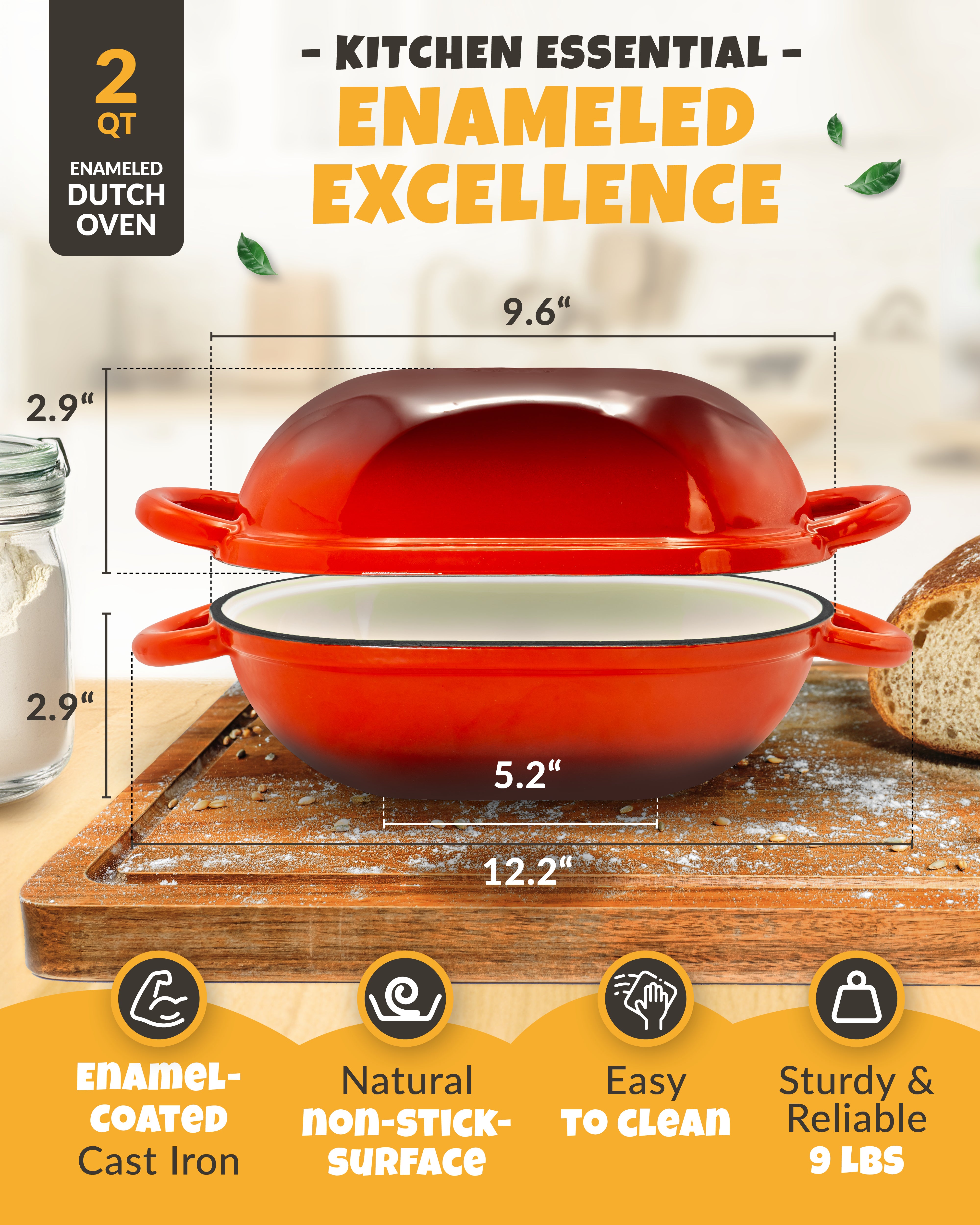 2QT Enamel Oval Dutch Oven Baking Set – Red Finish