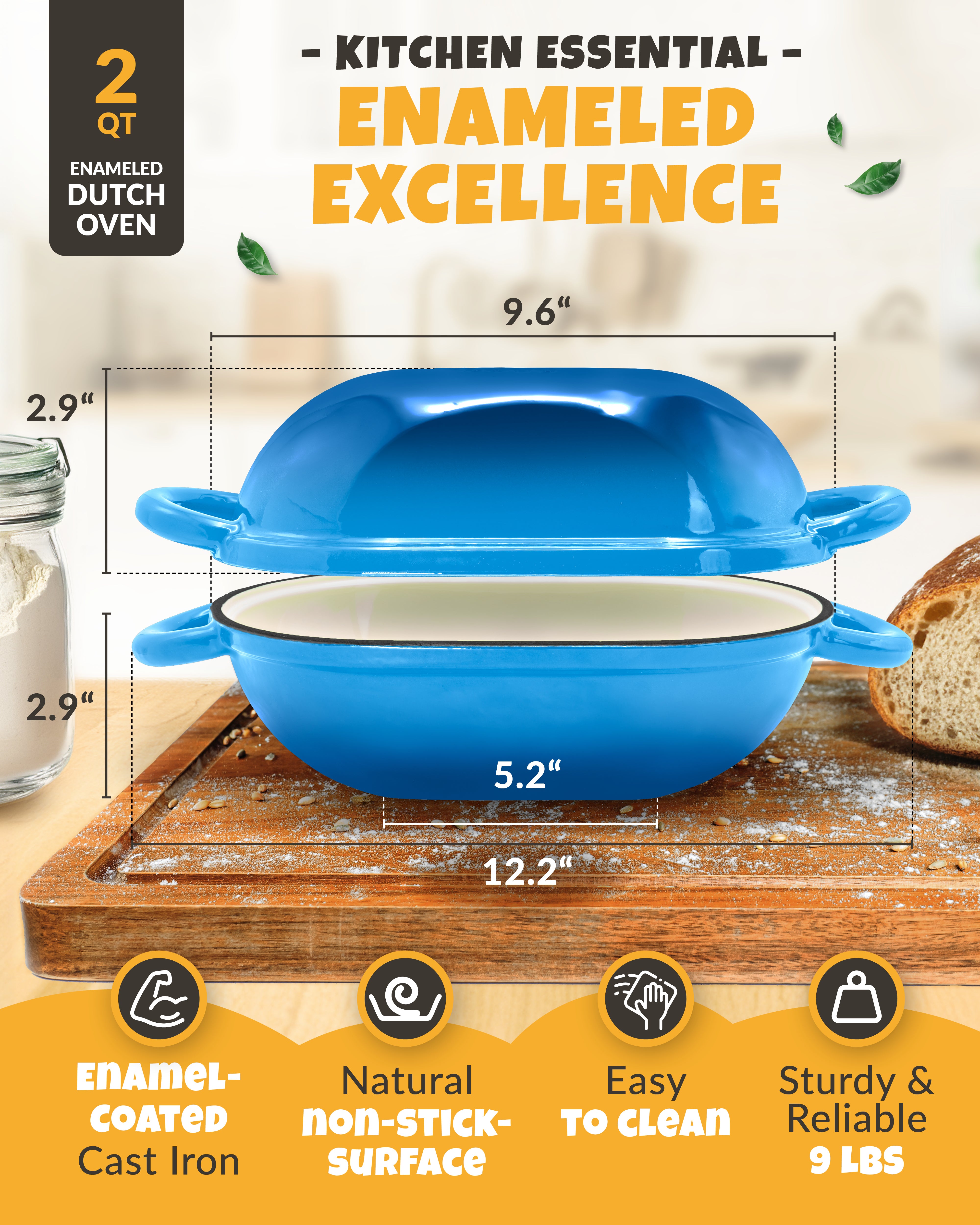 2QT Enamel Oval Dutch Oven Baking Set – Blue Finish