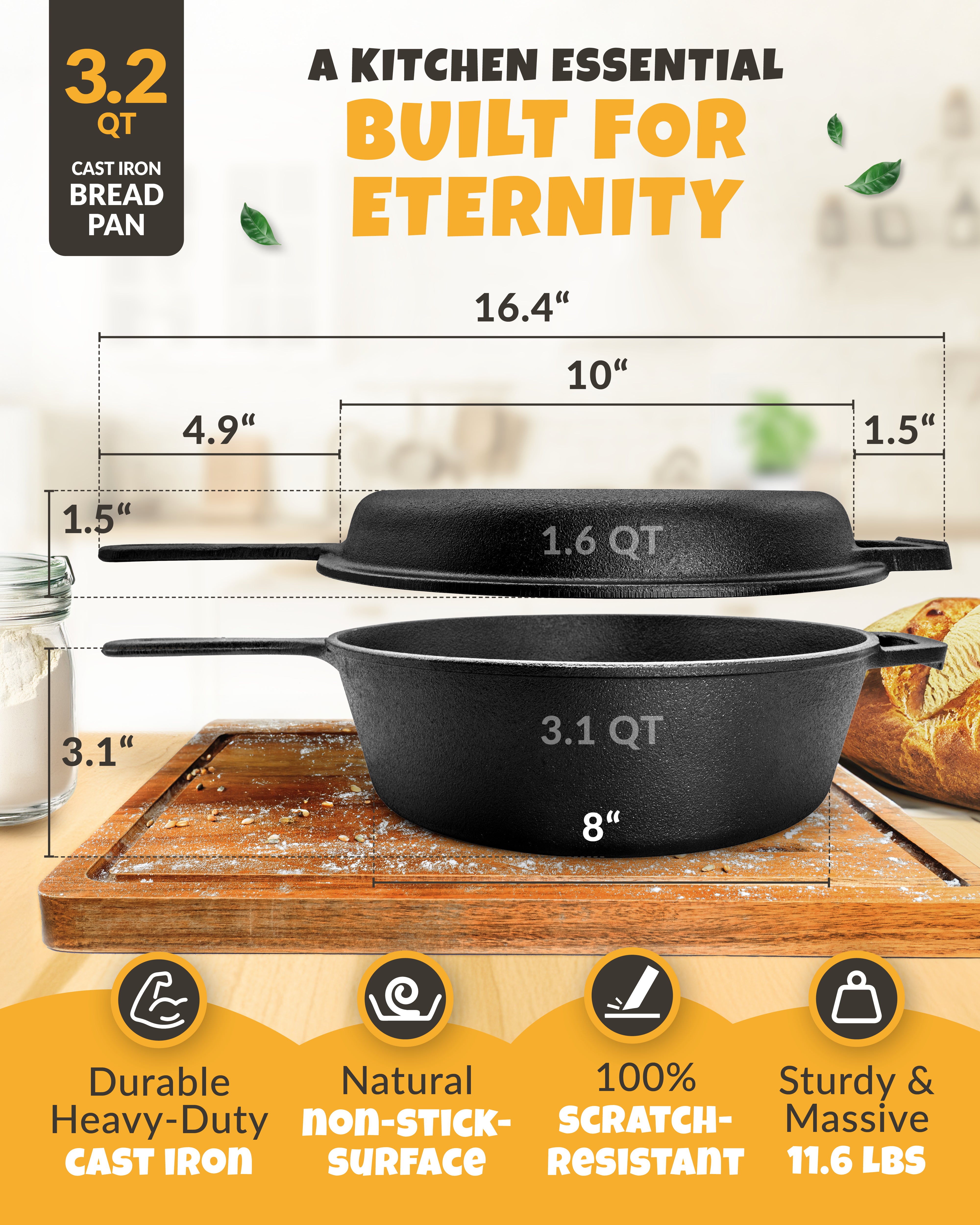 3.2QT Cast Iron Bread Pan – Black Finish