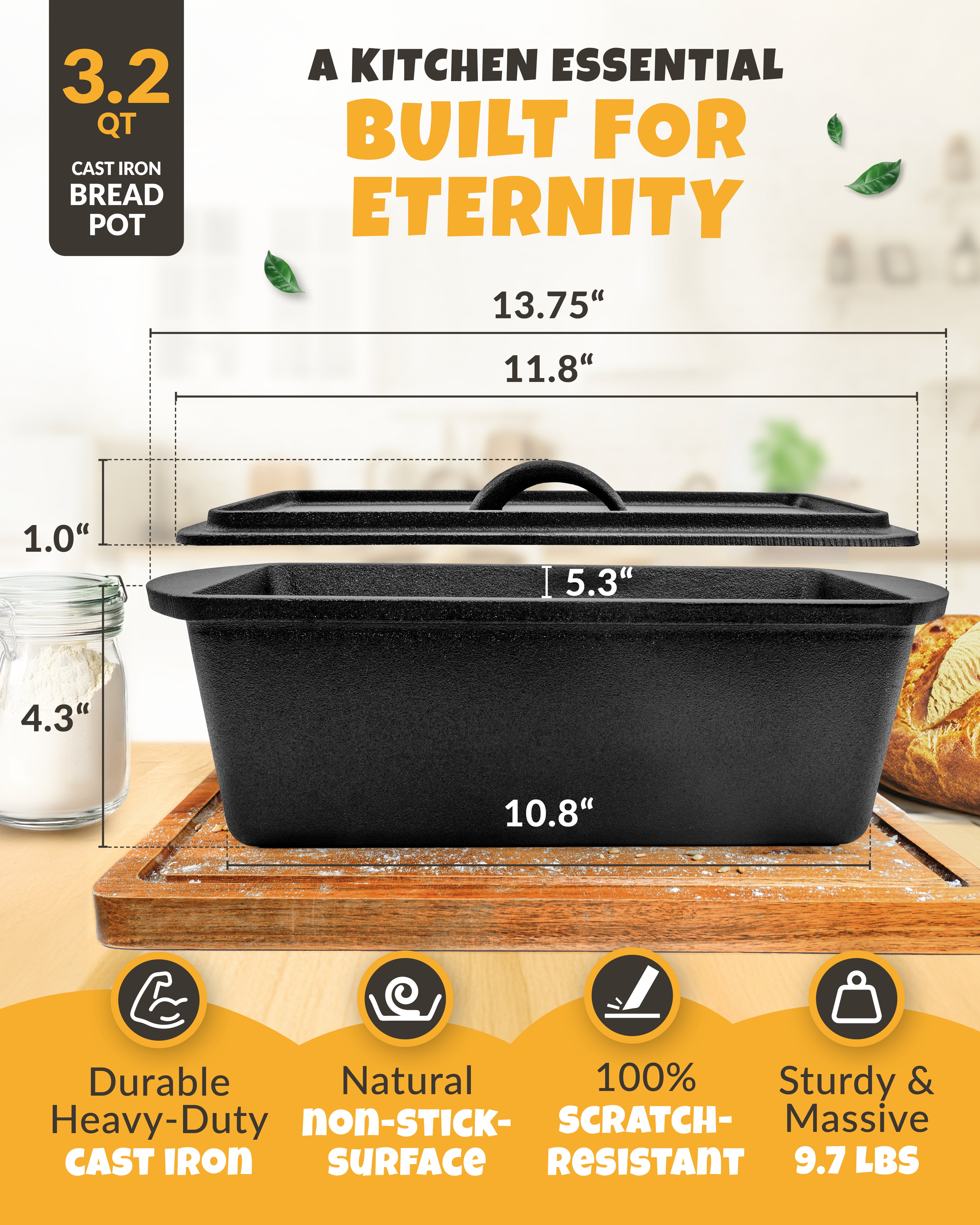 3.2QT Rectangular Cast Iron Bread Pan Baking Set – Black Finish