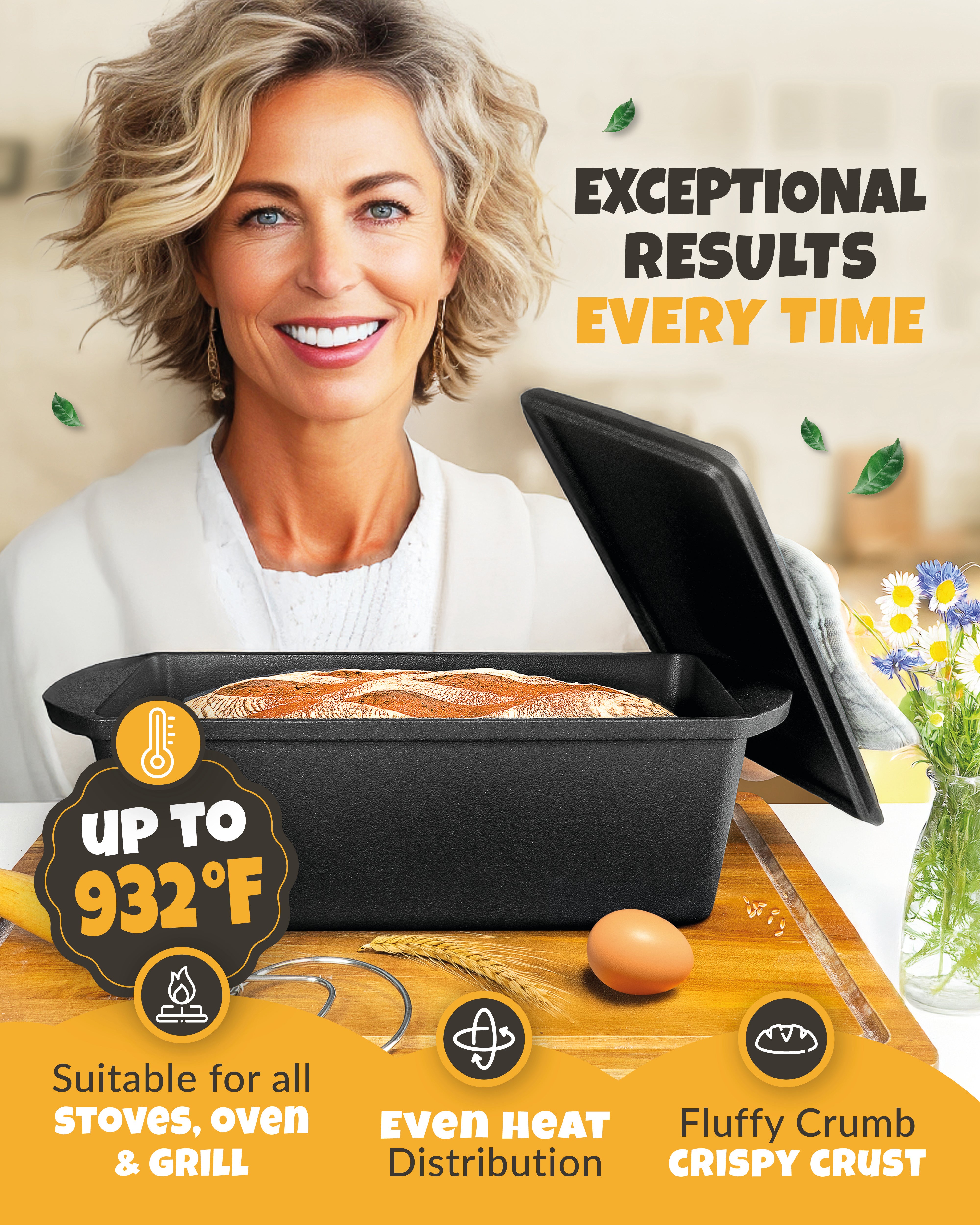 3.2QT Rectangular Cast Iron Bread Pan Baking Set – Black Finish