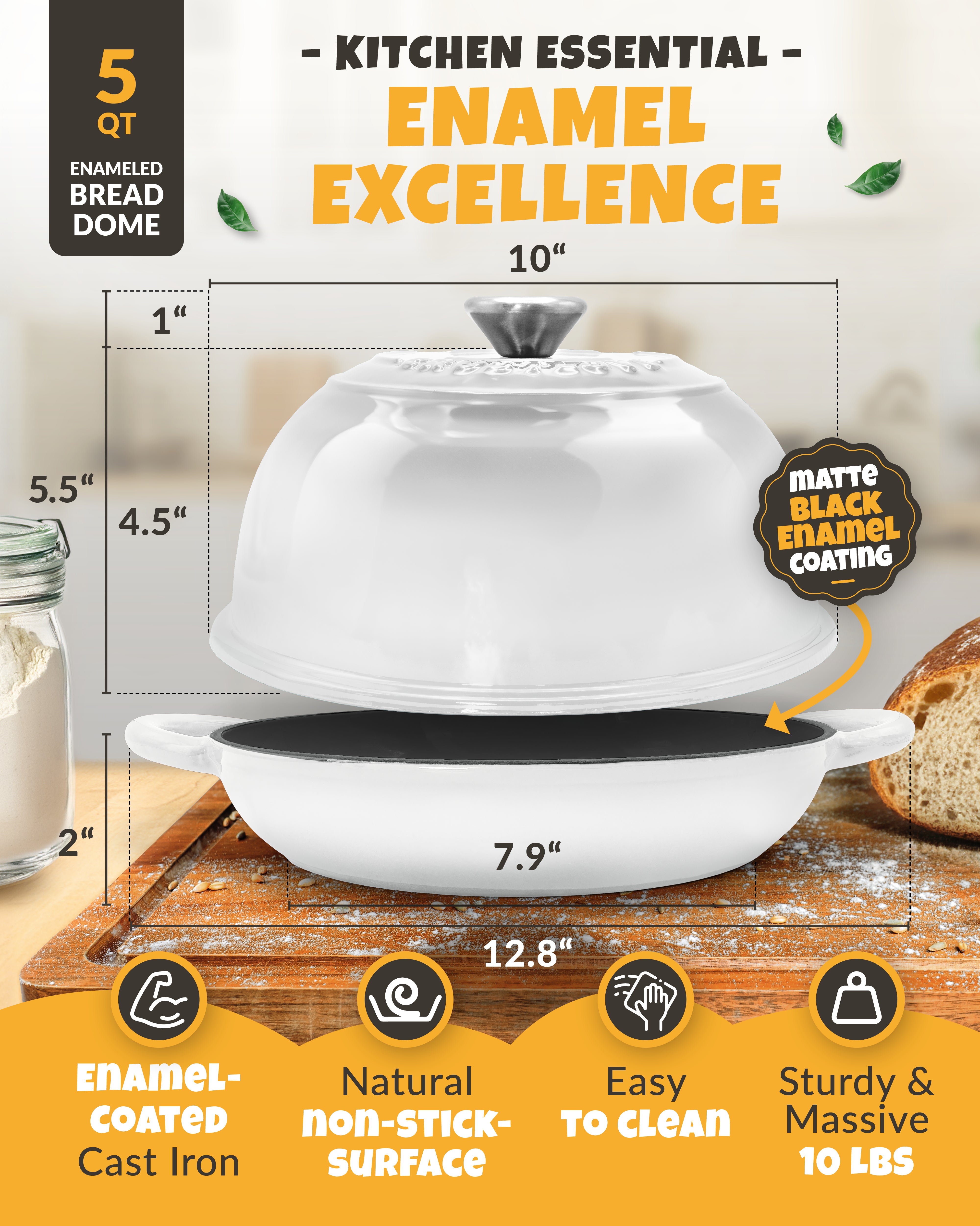 5QT Enamel Bread Dome Baking Set – White Finish