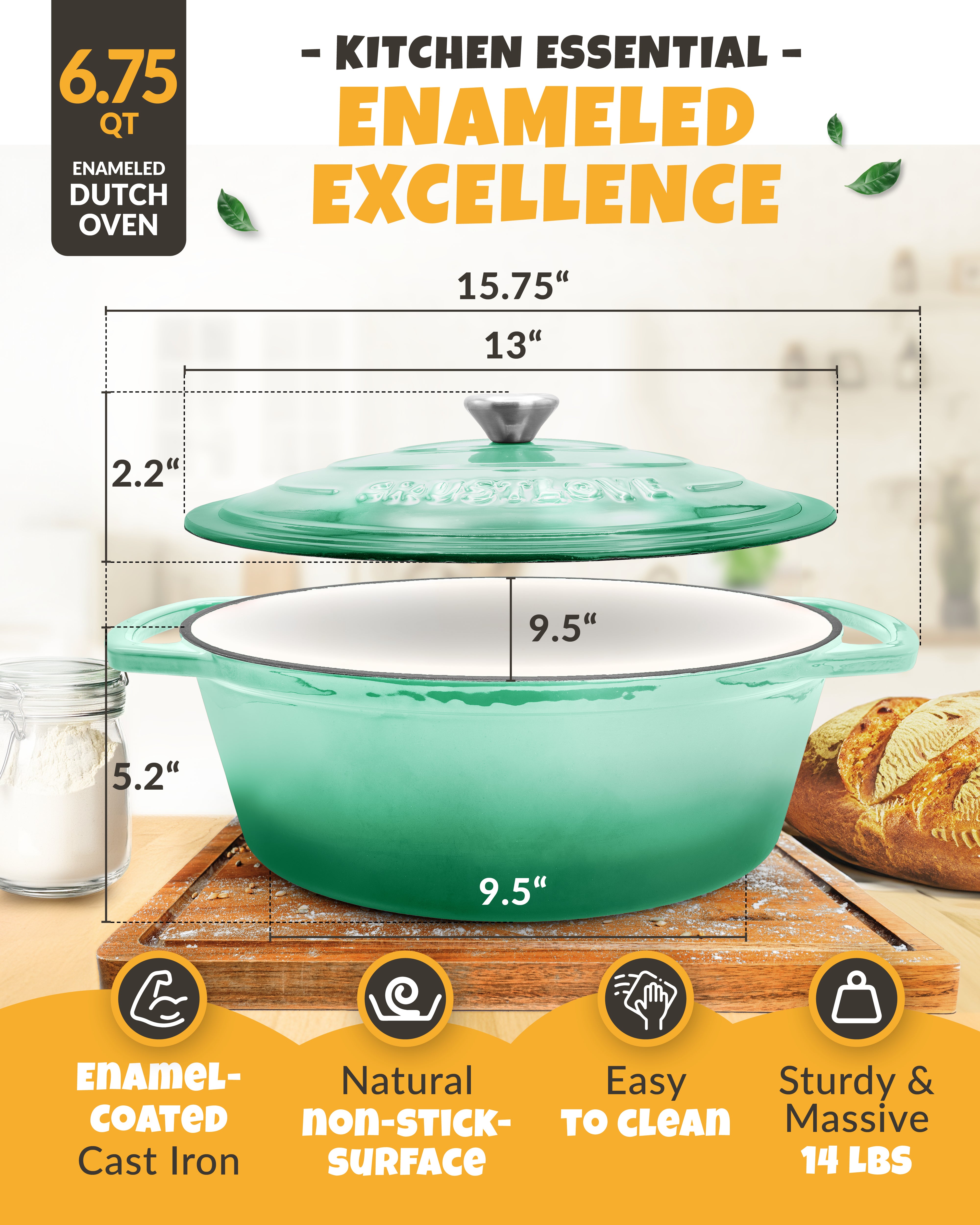 6.75QT Enamel Oval Dutch Oven Baking Set – Green Finish