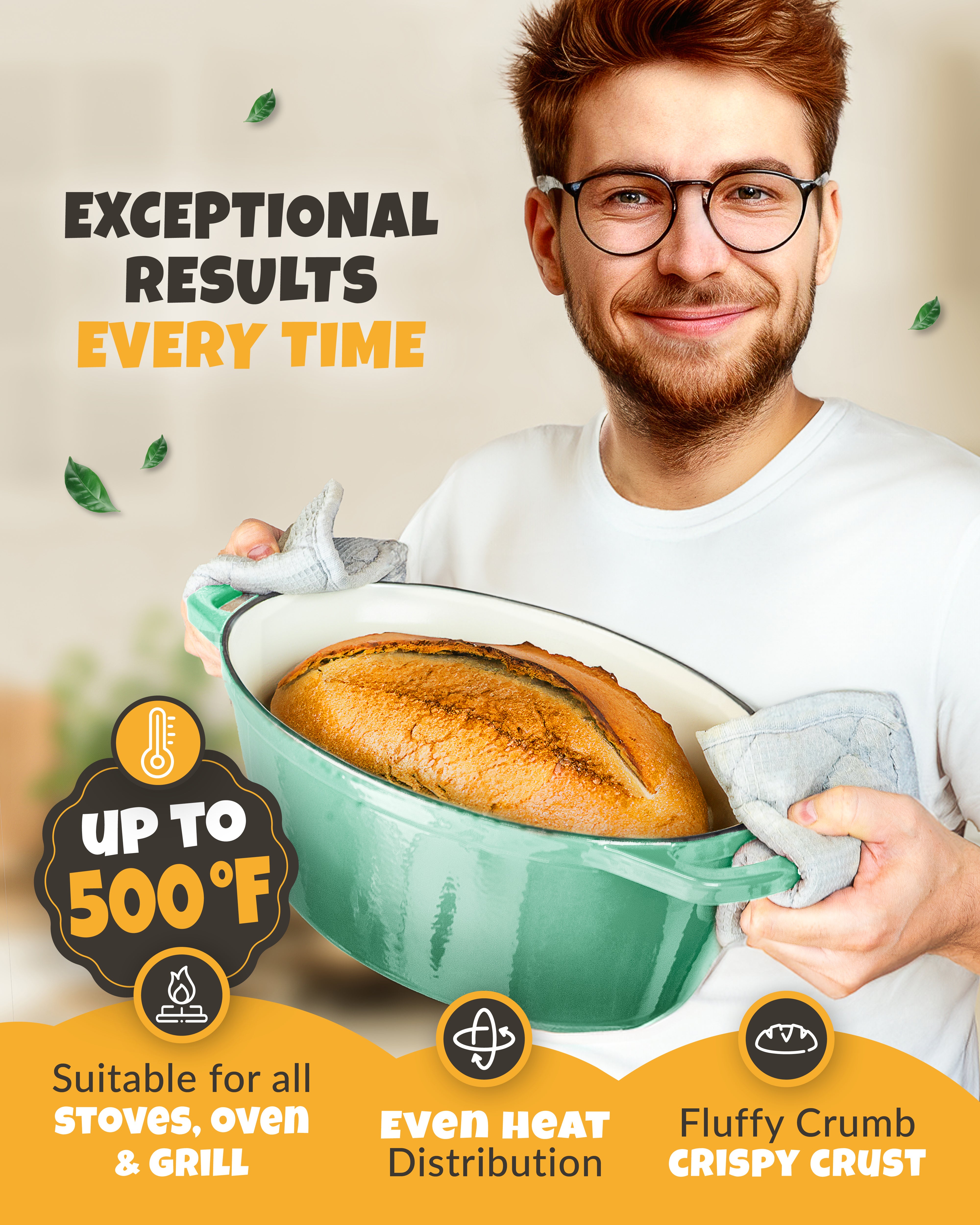 6.75QT Enamel Oval Dutch Oven Baking Set – Green Finish