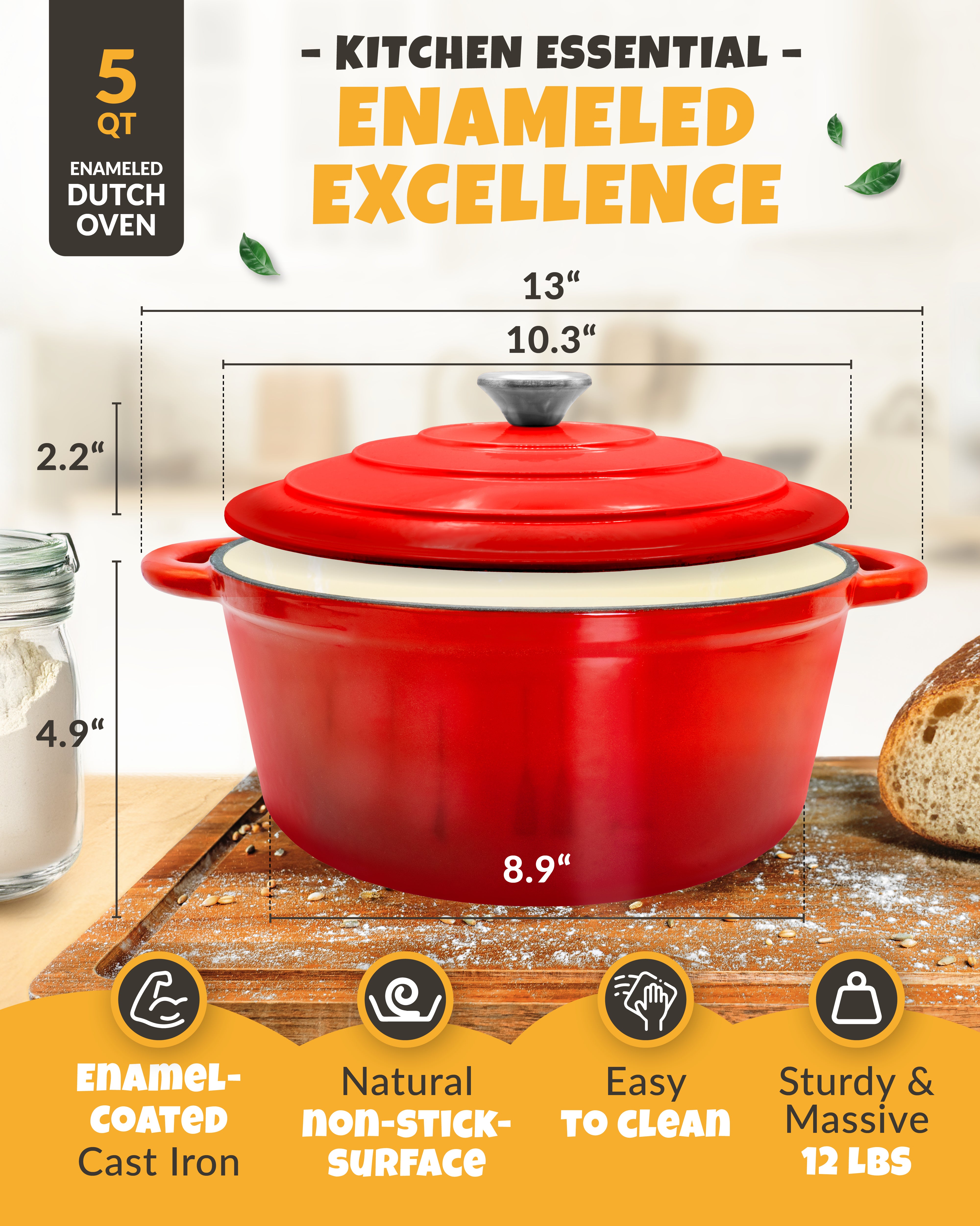 5QT Enamel Dutch Oven Baking Set – Red Finish
