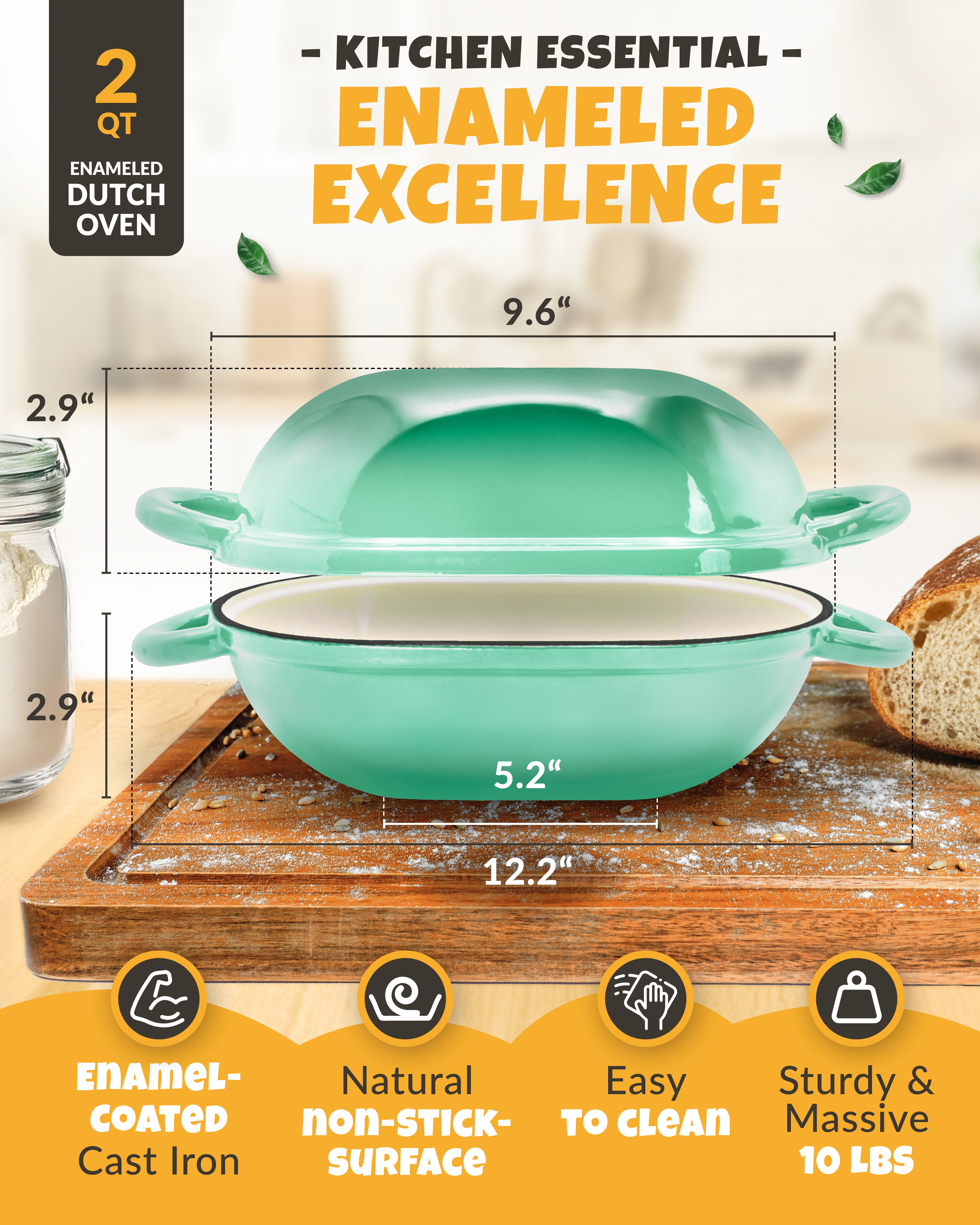 2QT Enamel Oval Dutch Oven Baking Set – Green Finish
