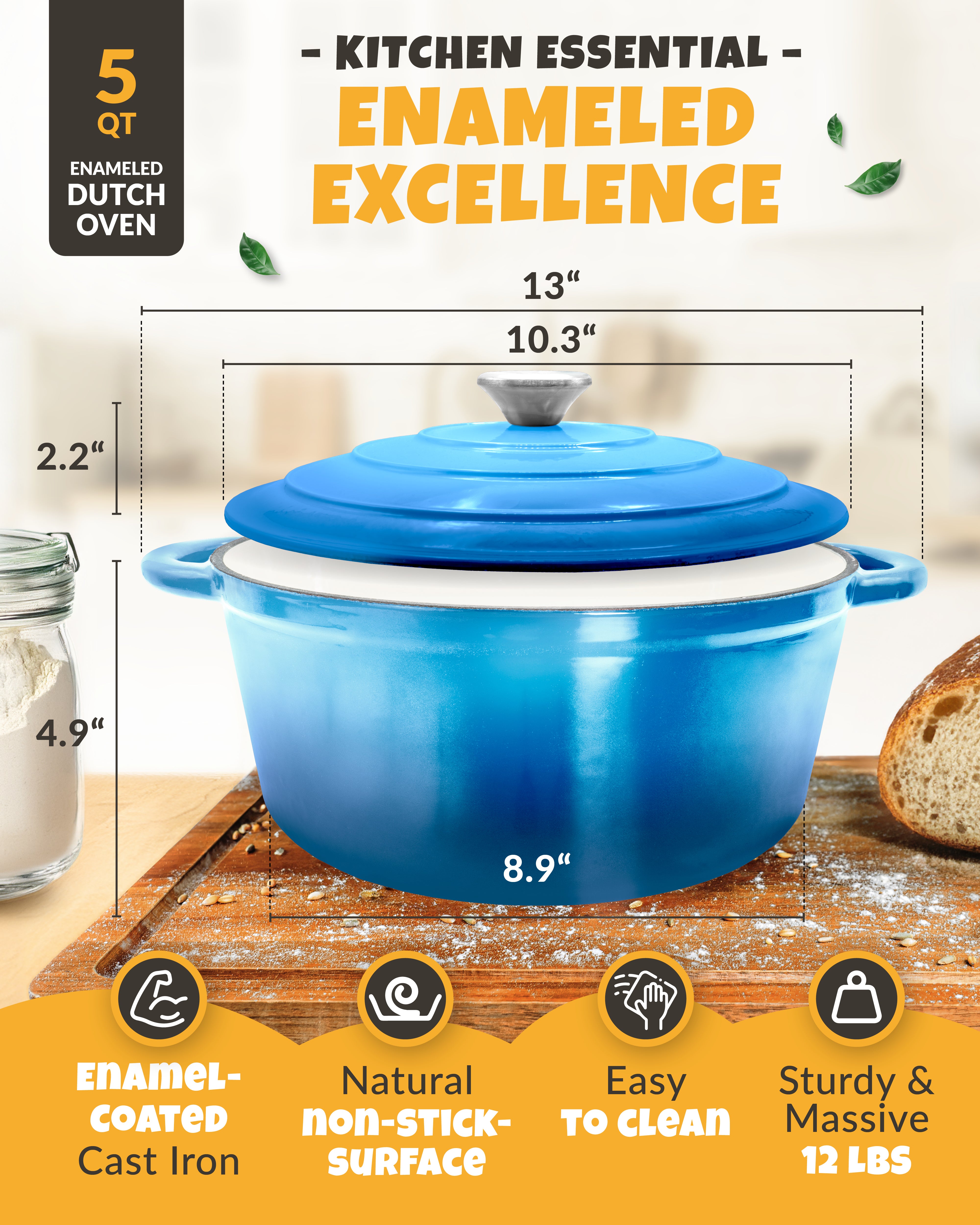 5QT Enamel Dutch Oven Baking Set – Blue Finish