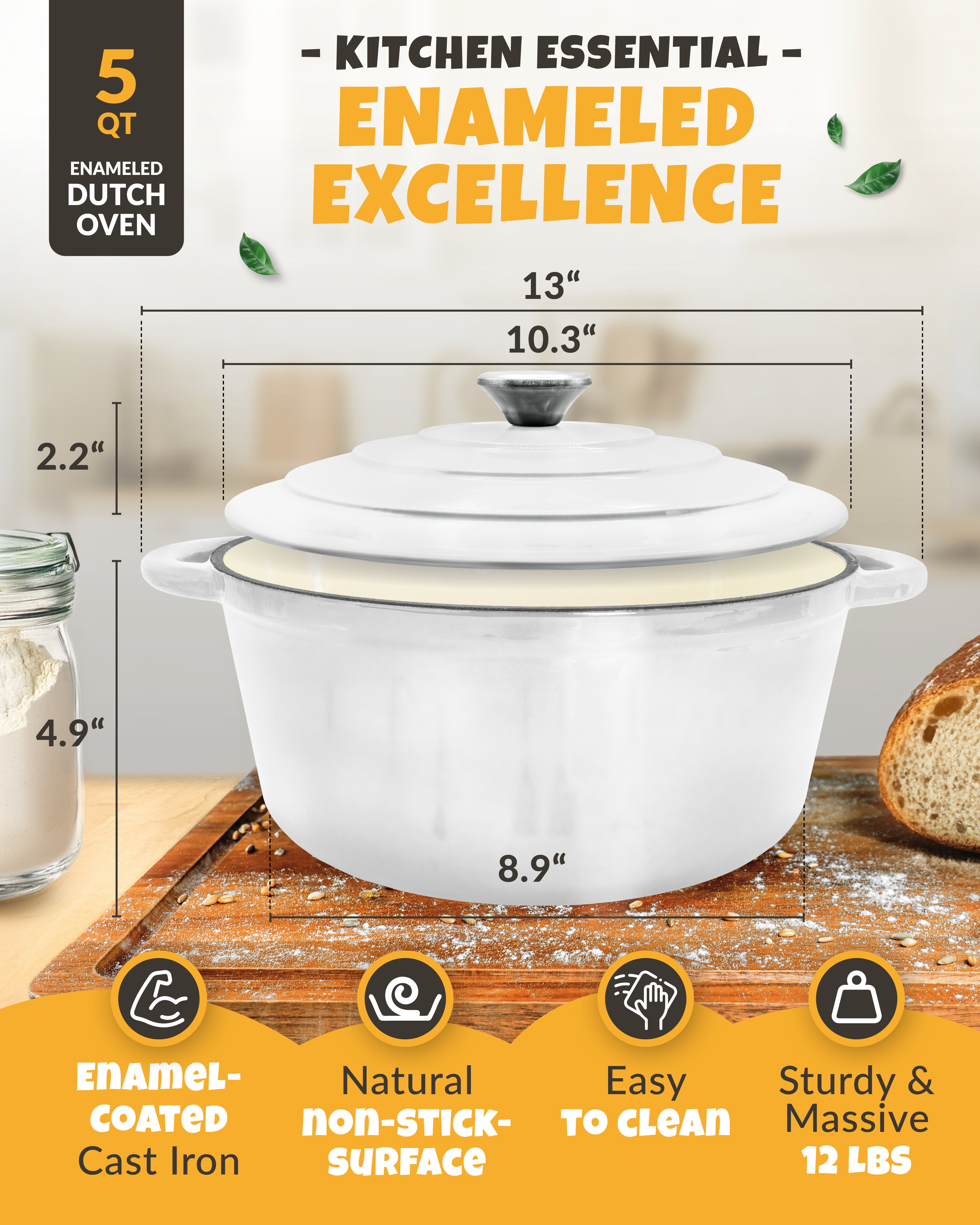 5QT Enamel Dutch Oven Baking Set – White Finish