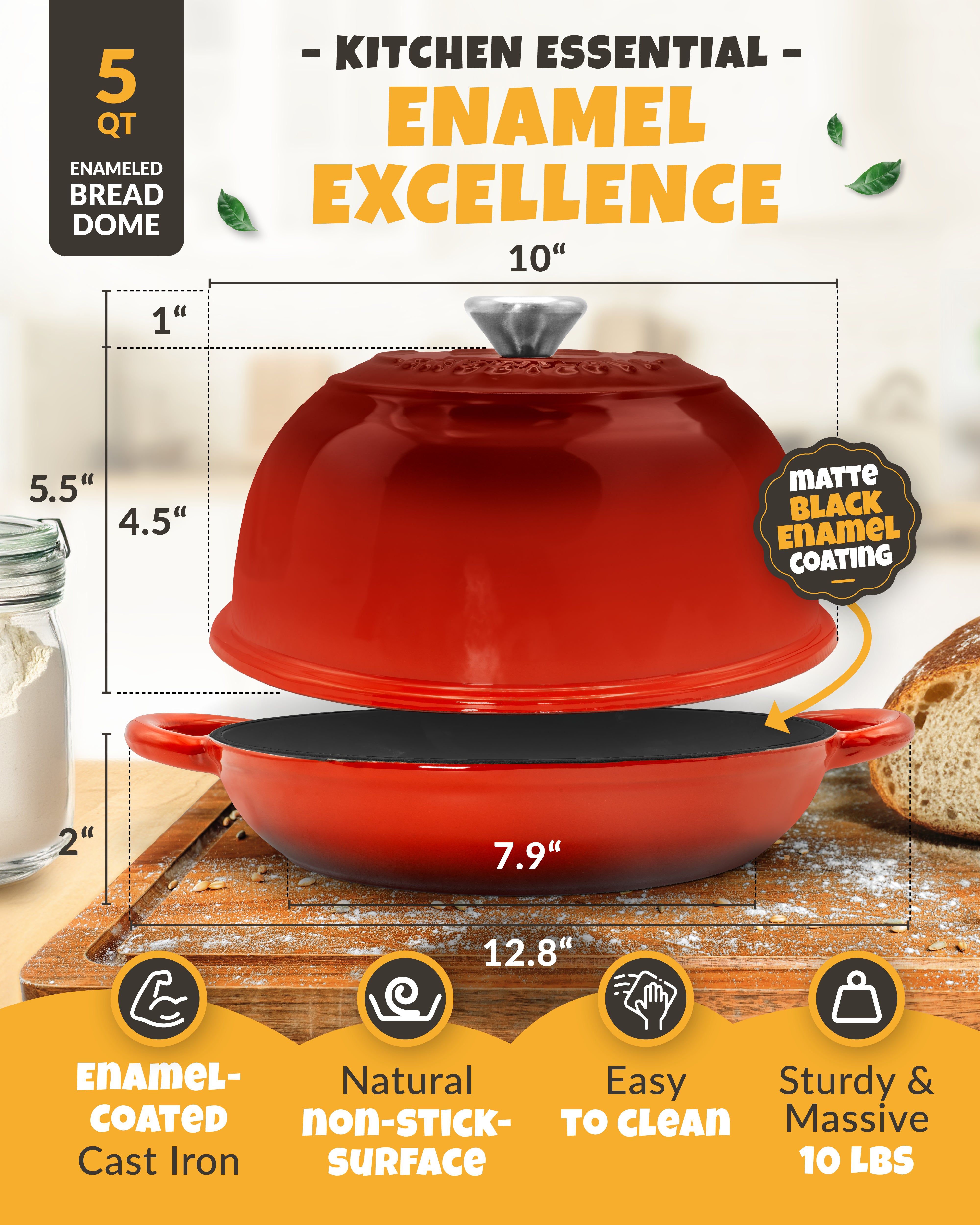 5QT Enamel Bread Dome Baking Set – Red Finish