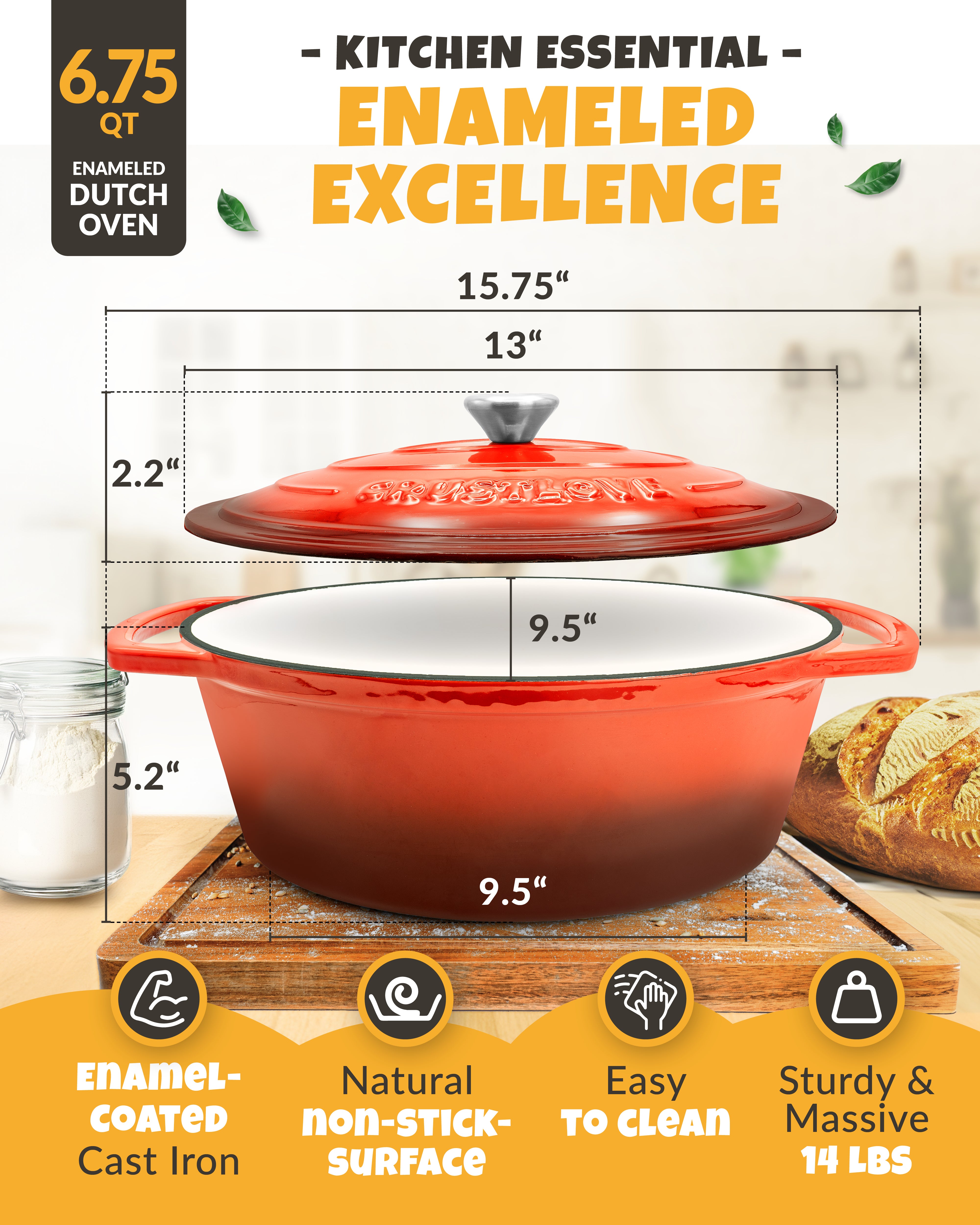 6.75QT Enamel Oval Dutch Oven Baking Set – Red Finish
