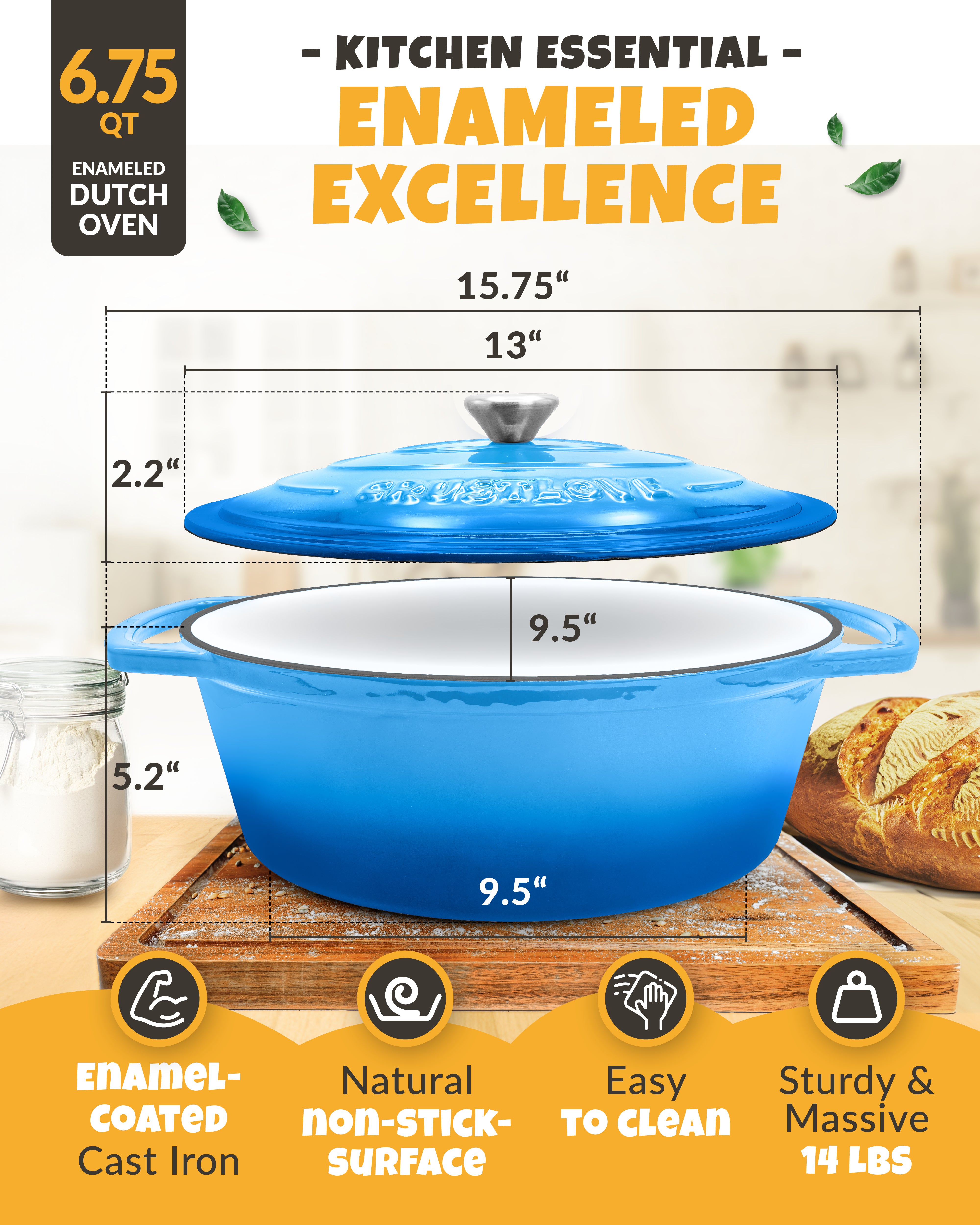6.75QT Enamel Oval Dutch Oven Baking Set – Blue Finish