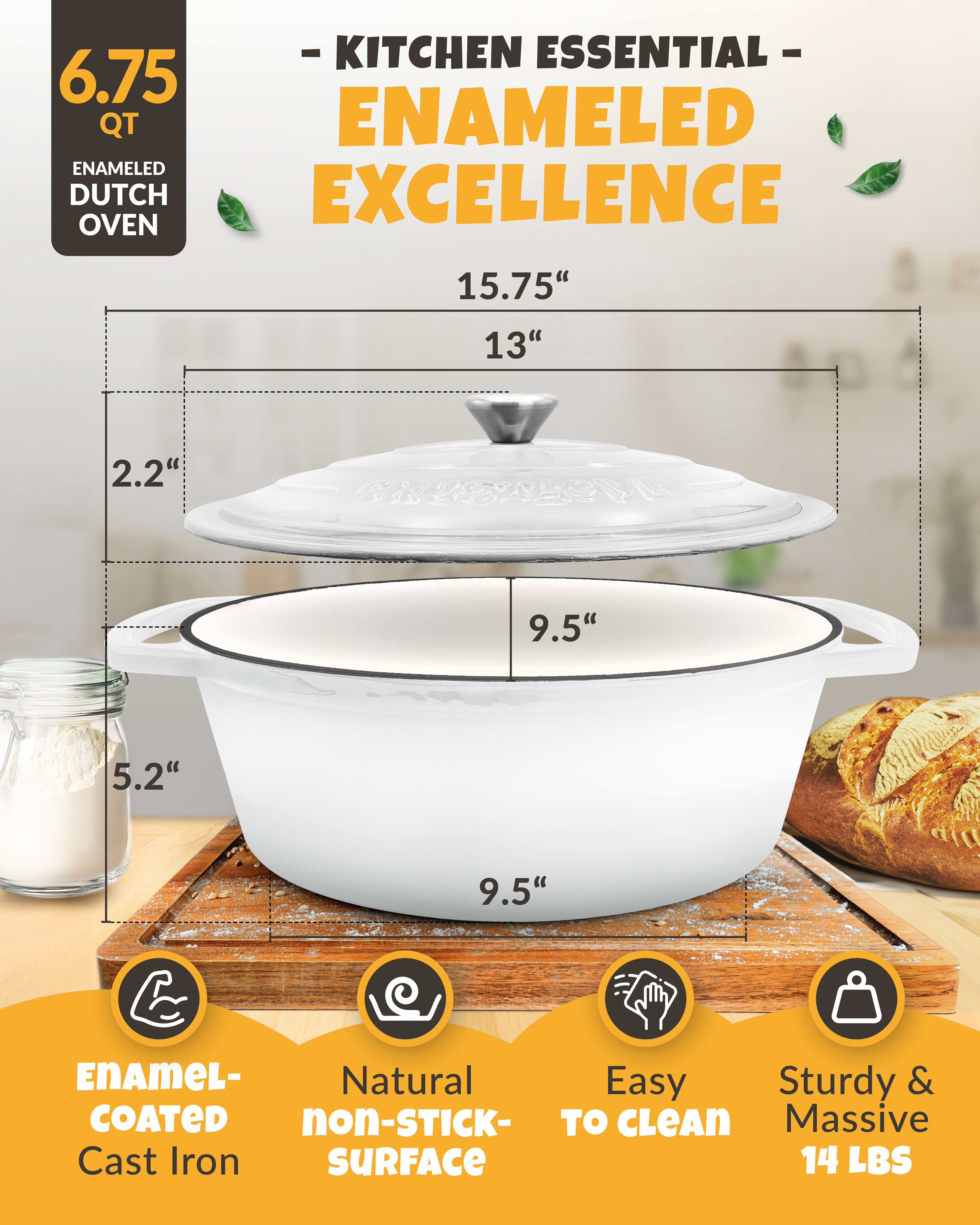 6.75QT Enamel Oval Dutch Oven Baking Set – White Finish