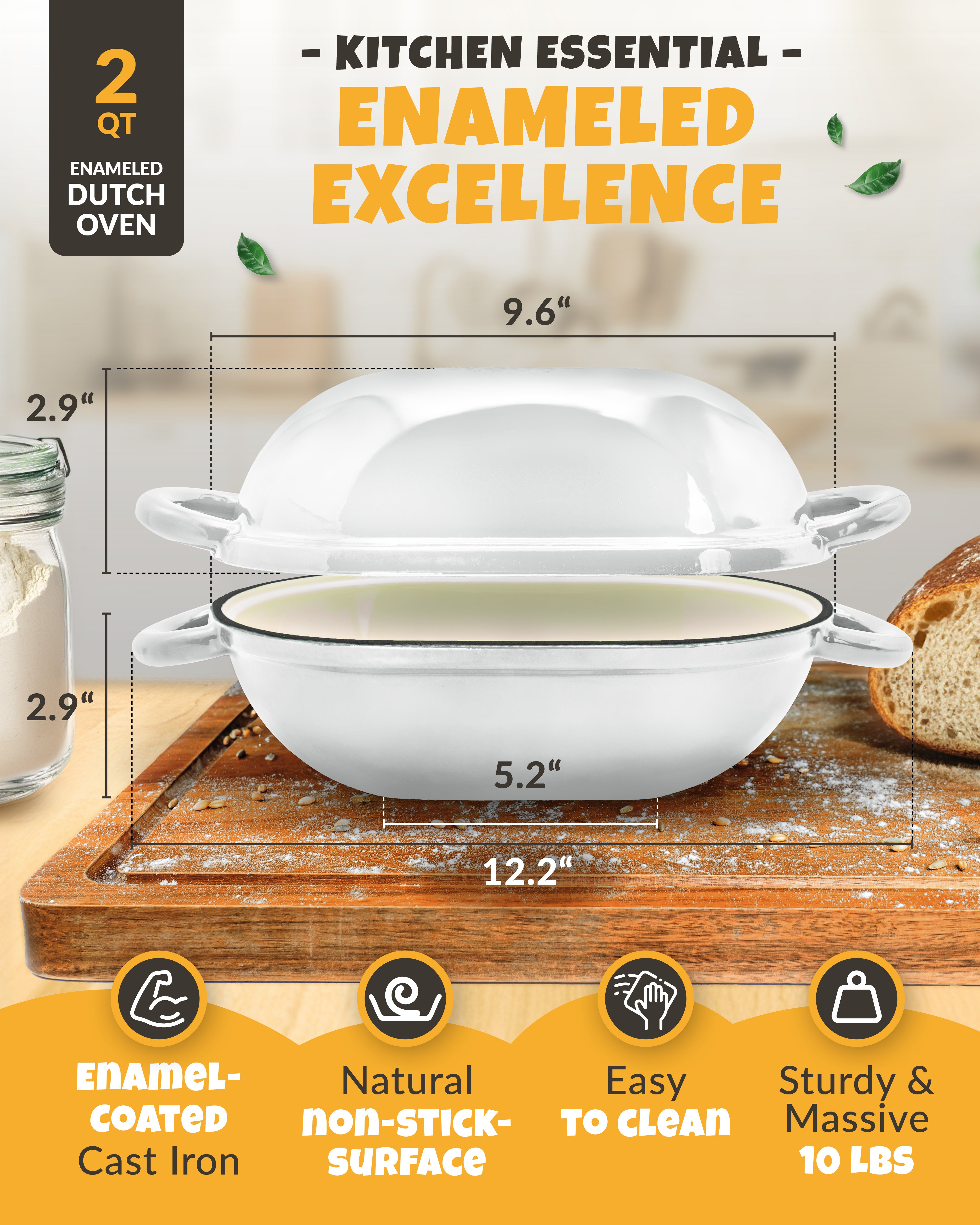 2QT Enamel Oval Dutch Oven Baking Set – White Finish